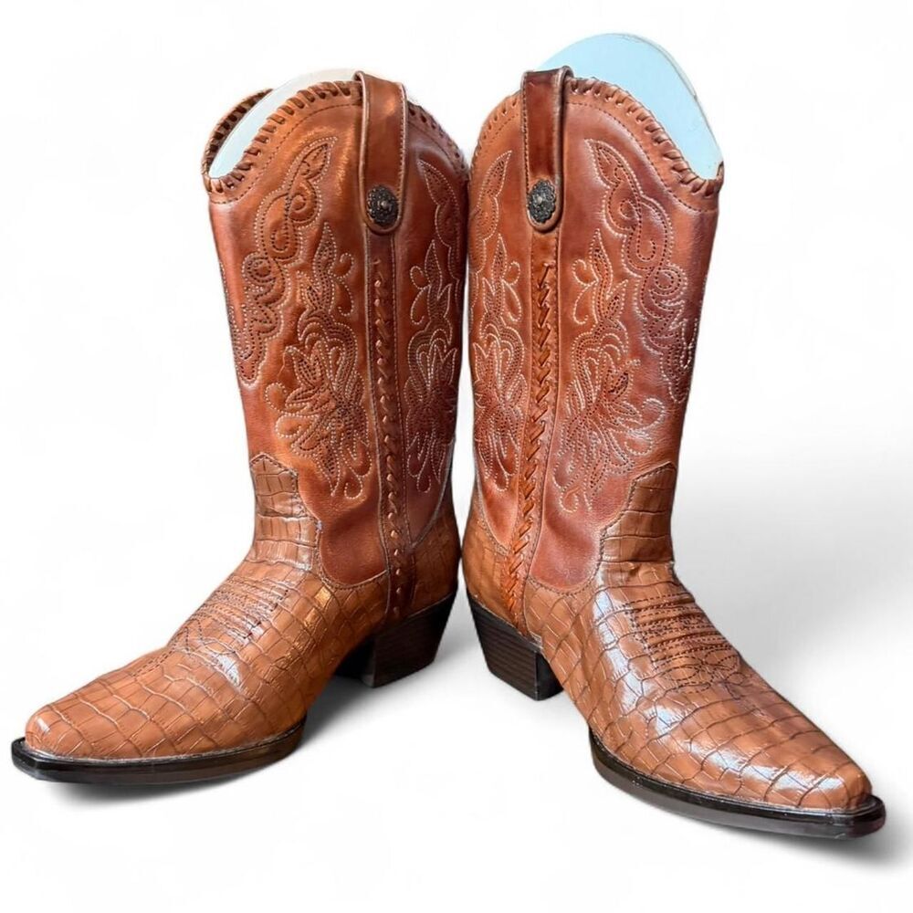 Earth Spirit Maize Leather Cowboy Western Boots Brown Croc Embossed W7M6EU 37.5